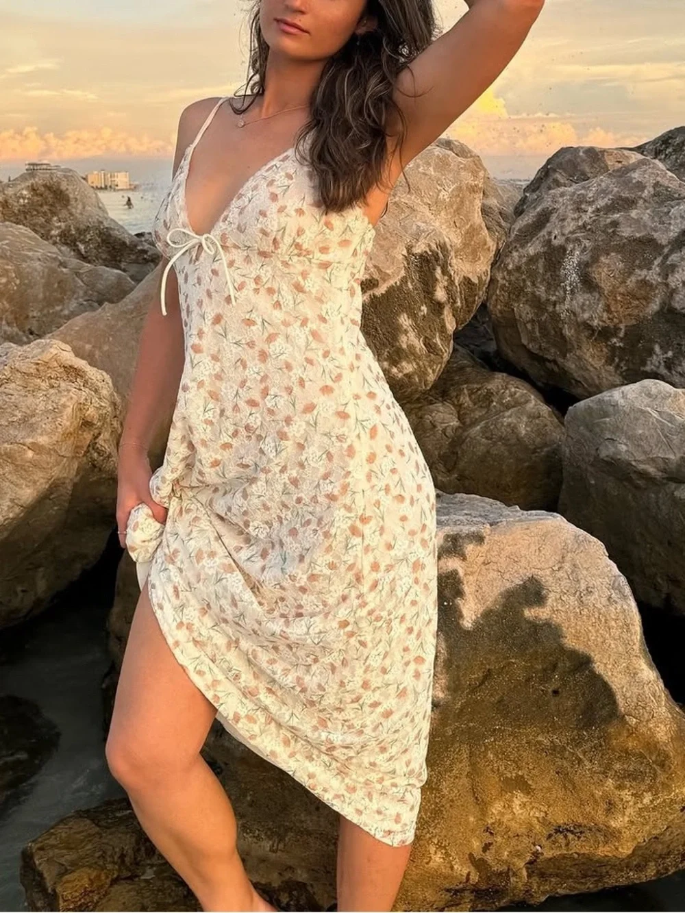 Floral Lace-Trim Slip Dress in Cream and Dusty Rose - Picture 4 of 4